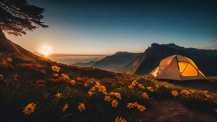 Camping tent on top of a mountain in spring, flowers, beautiful landscape by generative AI