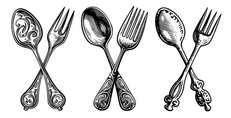Crossed retro Fork and Spoon for restaurant menu design. Generative AI vintage sketch illustration