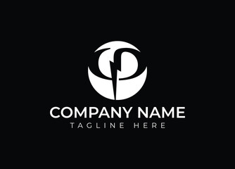 Initial letter P letter and lightning on the dark background and volt template vector illustration for your brand. P logo energy vector for identity company. Power and energy technology.