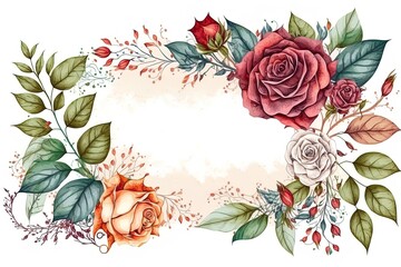 Fototapeta na wymiar Retro vintage rose flowers frame on white background for wedding, valentines day romantic design. Cartoon floral background template