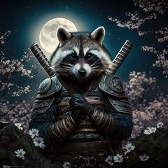 Ninja raccoon in front of a cherry blossom background on a full moon.