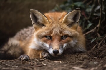 Naklejka na ściany i meble In the aviary at the zoo, a young fox is curled up on the ground. Generative AI