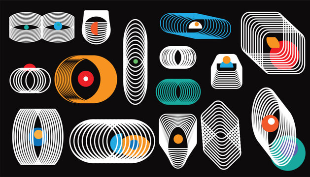 Collection icins design elements Bauhaus style line art  different shapes, colorfil sign? eye evil, Minimalism style  Vector modern abstract template graphic illustration