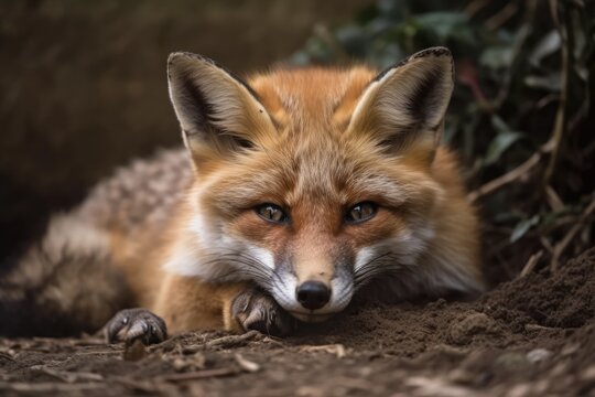 In the aviary at the zoo, a young fox is curled up on the ground. Generative AI