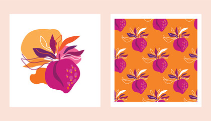 Peach summer fruit wall art , card, poster and seamless pattern for interior design, wall art, cover, textile, baby shover Vector hand drawn illustration