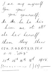 Handwritten words in ink on paper in elegant copperplate script - pronouns, digits and punctuation