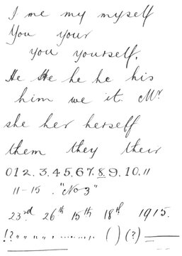 Handwritten words in ink on paper in elegant copperplate script - pronouns, digits and punctuation