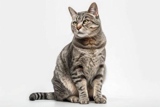 An adult grey tabby cat is seated alone on a white background. Generative AI