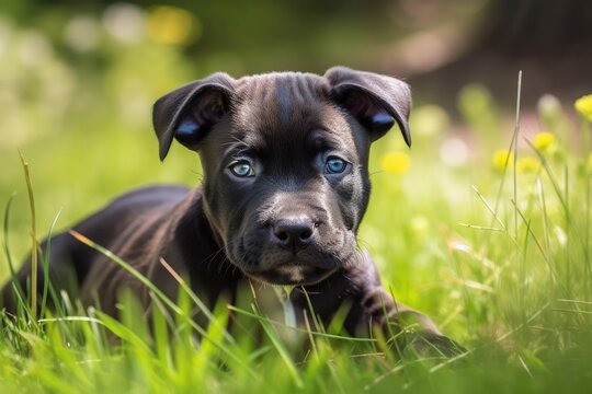 a young American Staffordshire Terrier. Dog pup in the grass. puppy dog scanning the area. Generative AI