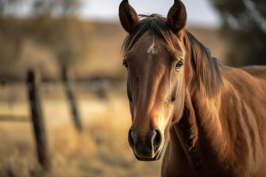 Gorgeous front photograph of a brown horse with its eyes open and facing the camera. His coat is spotless, shining, and the background is fuzzy. Generative AI
