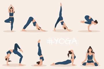 A set of  a young woman performing 8 physical exercises and demonstrating  yoga asanas  on light background. Flat vector illustration.