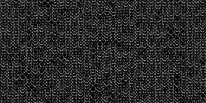 Seamless grungy dark black chain mail background texture. Tileable steel gray medieval military hauberk metal rings chainmail armor cosplay repeat pattern. High resolution backdrop 3D rendering.