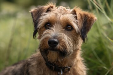 Naklejka na ściany i meble Photograph of a mixed breed dog that is focused on the lens. Generative AI
