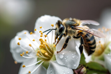 A bee on a flower on a dewy morning. The bee pollinates the flowers. AI generated illustration.
