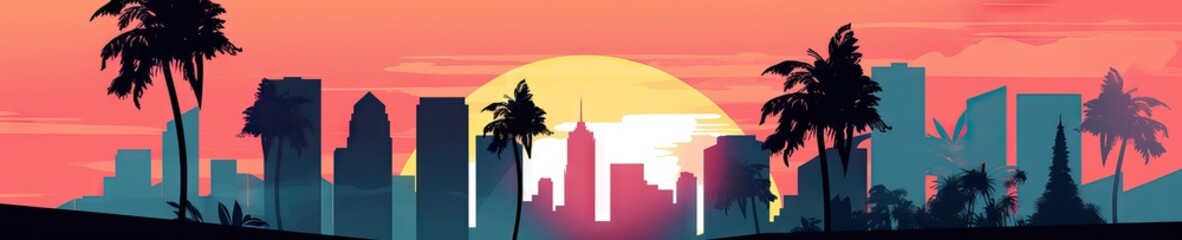 Beach City Skyline, Wide format for Banners or another purposes, with buildings, palms, sunset, beach, street, with vintage colors from the 80's, generative ai