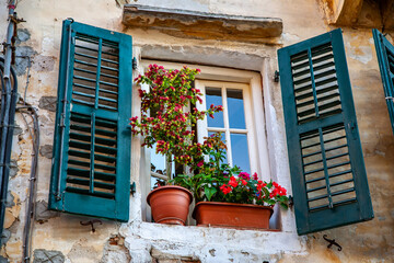 Fototapeta na wymiar A window with flowers, Corfu Greece