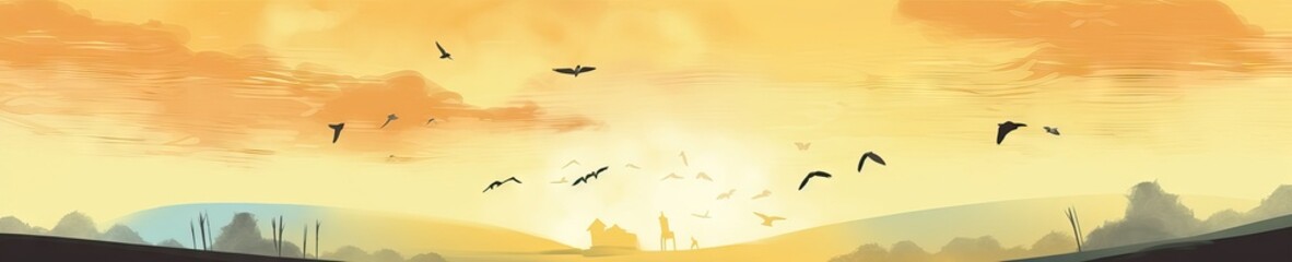 Wide Sky Horizon Ilustration Design, with flying birds, for banners, footers, or another purposes, beautiful colors between sky, clouds, birds, and the sun, generative ai