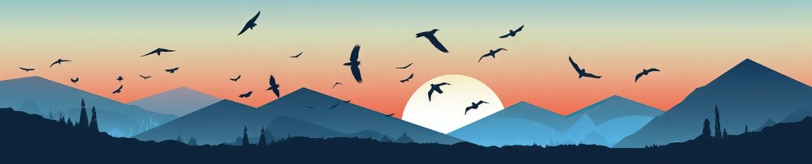 Fototapeta premium Wide Sky Horizon Ilustration Design, with flying birds, for banners, footers, or another purposes, beautiful colors between sky, clouds, birds, and the sun, generative ai