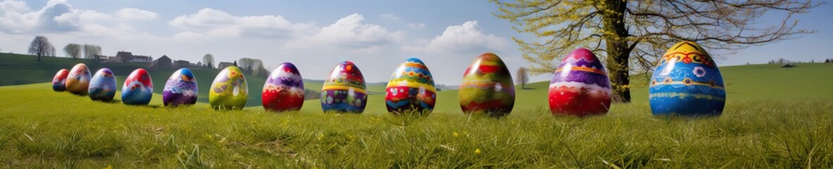 Fototapeta premium A row of easter eggs with colourful designs, celebrating Easter, over a beautiful field on a sunny day, wide resolution for banners of specific designs, generative ai