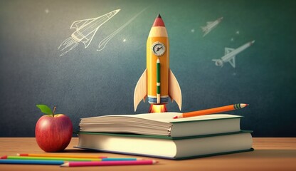 Back To School Books And Pencils With Rocket Sketch, Teacher's day desk with writing materials, Back to school background,  - obrazy, fototapety, plakaty