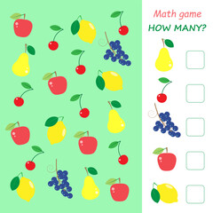 Educational math game for kids. Count how many objects are in the picture. Illustration with fruits.