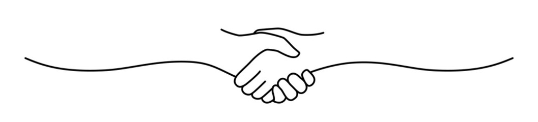 Handshake, agreement, introduction banner hand drawn with single line. Women or men shake hands. Png illustration isolated on transparent background - obrazy, fototapety, plakaty