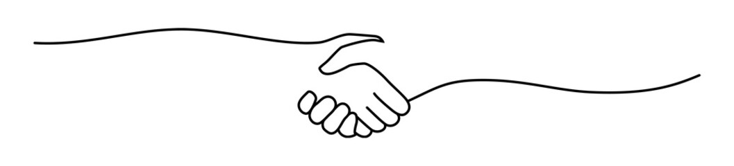 Handshake, agreement, introduction banner hand drawn with single line. Women or men shake hands. Png illustration isolated on transparent background - obrazy, fototapety, plakaty