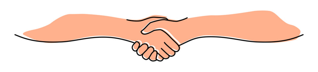 Handshake, agreement, introduction banner hand drawn with single line. Women or men shake hands. Png illustration isolated on transparent background