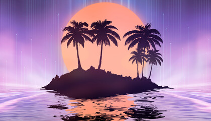 Futuristic neon landscape with palm trees at sunset.
