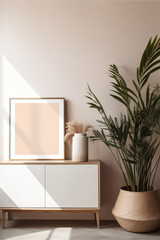 Mockup of an empty square frame in a contemporary, minimalist setting with a plant in a stylish vase against a background of white walls. - Generative AI