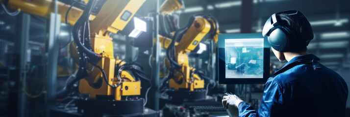 In an intelligent factory for the automotive industrial sectors, welding robotics automatic arms machines are under engineer control and monitoring. Industry 4.0 digital manufacturing - Generative AI