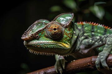 Beautiful chameleon panther hue, chameleon panther on branch, and close up of its face. Generative AI