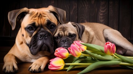 Mother's day love, mother and puppy laying next to each other. tulips in front of them. - generative AI