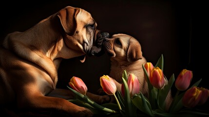 Mother's day love, mother and puppy kissing each other in the grass with tulips. - generative AI