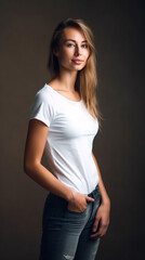 The girl model wears a white t-shirt that serves as a template for a design or mock up. Ai generated illustration.
