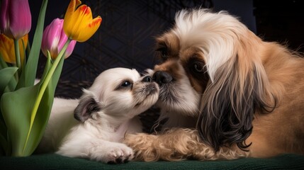 Mother's day love, cavalier king Charles spaniel and puppy kissing each other in the grass with tulips. - generative AI