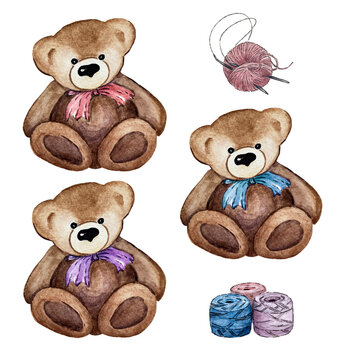 set of watercolor illustrations of bears and balls