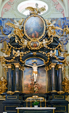 cross altar made from black marble in the basilica of the Wachau, parish church Saint Veit, at Krems, Austria