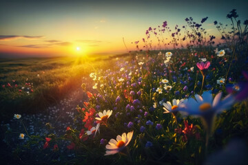 Fototapeta na wymiar Sunrise on the field with spring flowers