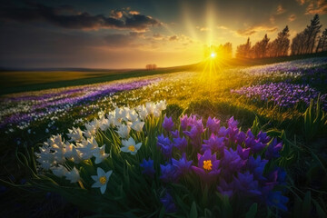 Sunrise on the field with spring flowers