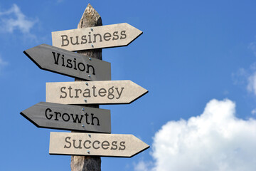 Business, strategy, vision, growth, success - wooden signpost with five arrows, sky with clouds