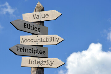 Value, ethics, accountability, principles, integrity - wooden signpost with five arrows, sky with...
