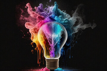Light bulb creative colored dust powder smoke splash explosion. Colorful electricity paint creativity concept idea. Ai generated
