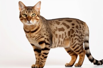 On a white background, a purebred smooth haired cat is depicted standing up. Generative AI - obrazy, fototapety, plakaty