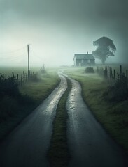 Fototapeta premium Foggy field road, generative ai 