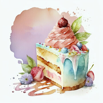 Watercolor Birthday Cake. Illustration AI Generative