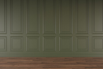 Mockup classic green wall interior. Floor parquet. Digital illustration. 3d rendering
