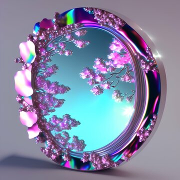 Metallic 3d image of cherry blossom isolated shiny metallic chrome iridescent rainbow mirror like holographic - generative ai