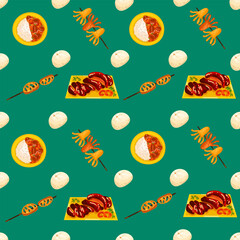 Chinese food seamless pattern. Hand drawn different types of asian food in wooden steamers repeating background. Tasty chinese food, delicious har gao, sticky rice, rolls.