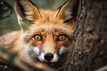 Obraz premium Gorgeous red fox peeks and looks around. Generative AI